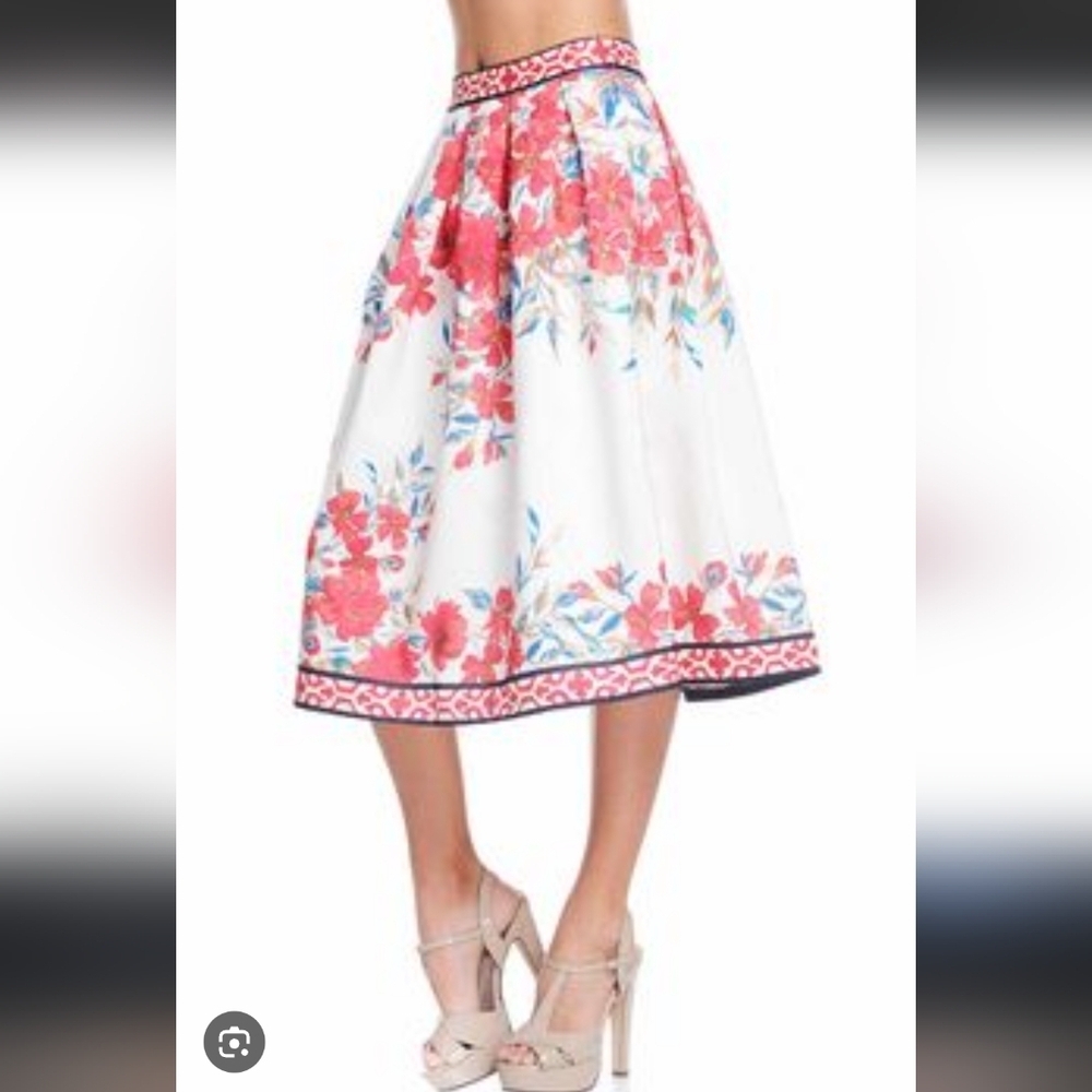 Flying Tomato Full Skirt Floral Elegant Midi Tea Length Pockets Red Pink Sz S